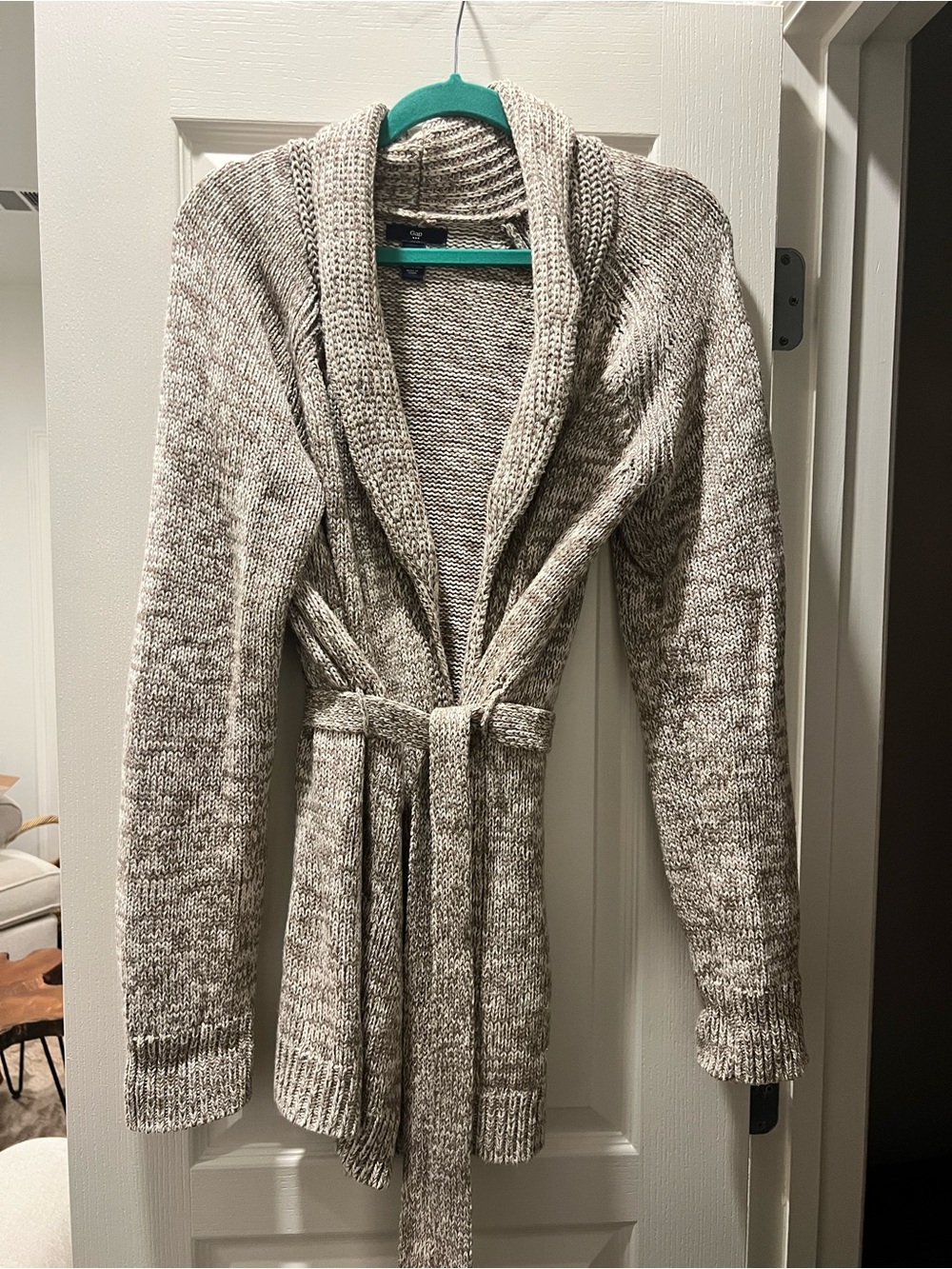 GAP Marled Cream and Gray Shawl Collar Belted Cardigan